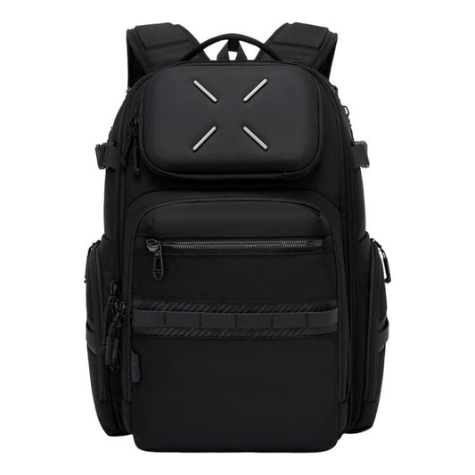 Men's waterproof laptop backpack, black with front zip pocket and padded straps