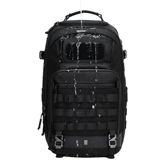 Black waterproof hiking backpack with front organizer straps and padded top handle