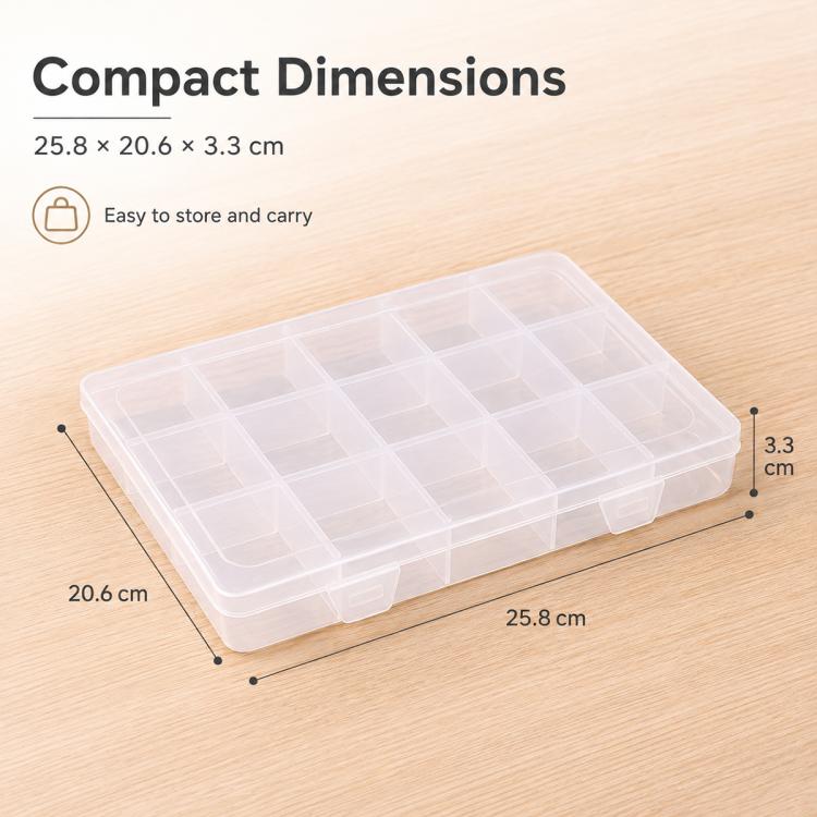 Clear 15-compartment plastic organizer box, compact size 25.8 x 20.6 x 3.3 cm