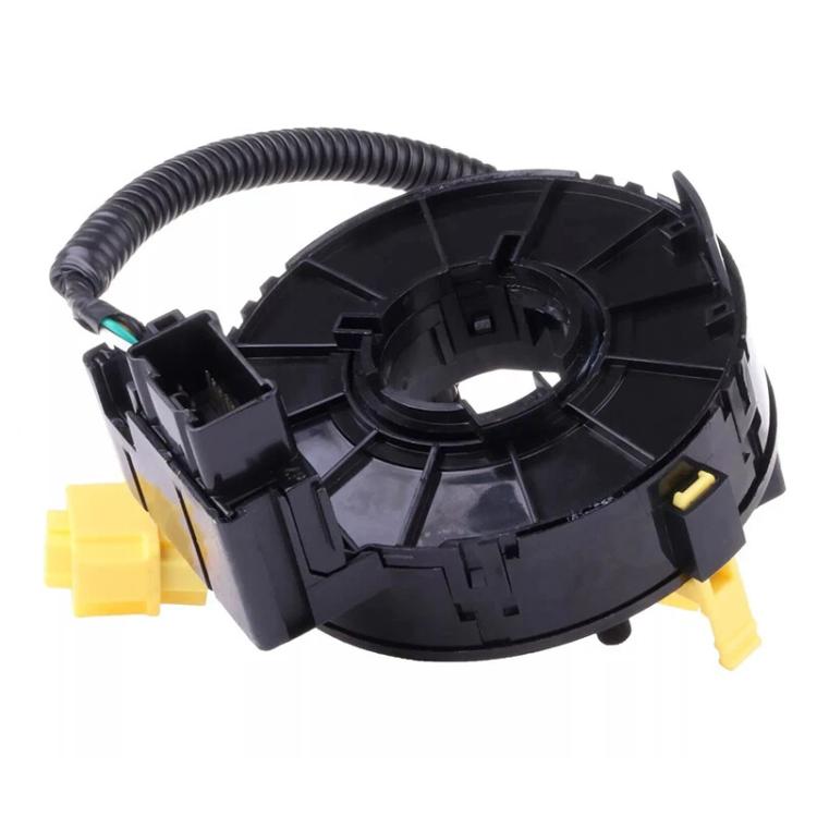 Steering wheel clock spring spiral cable, black plastic unit with circular contact ring and yellow leads