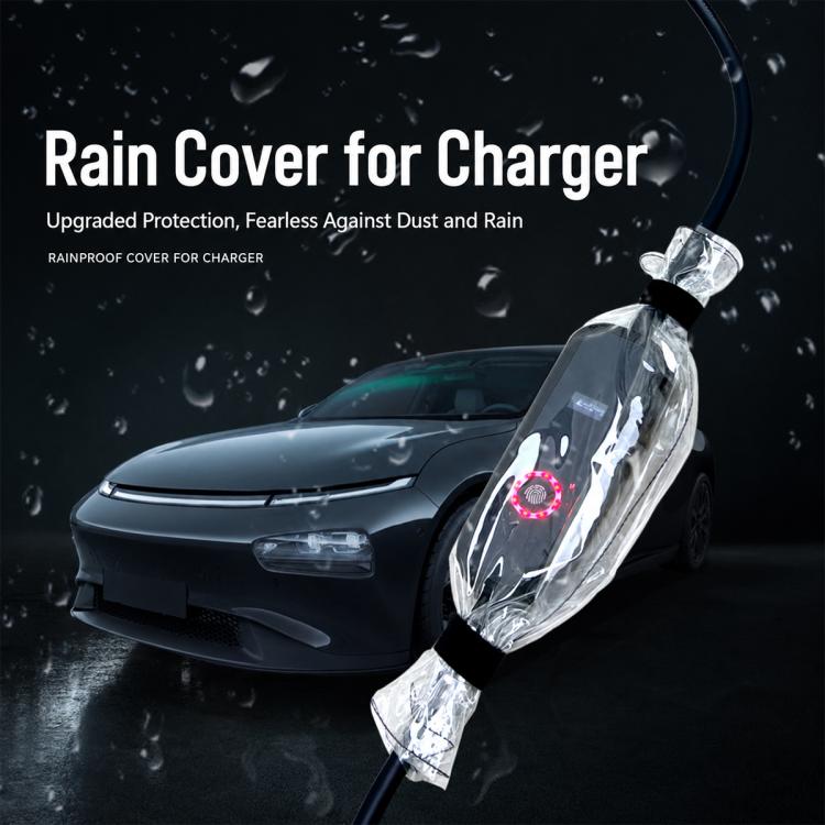 Transparent waterproof cover wrapped over a charger on a car, protecting against rain