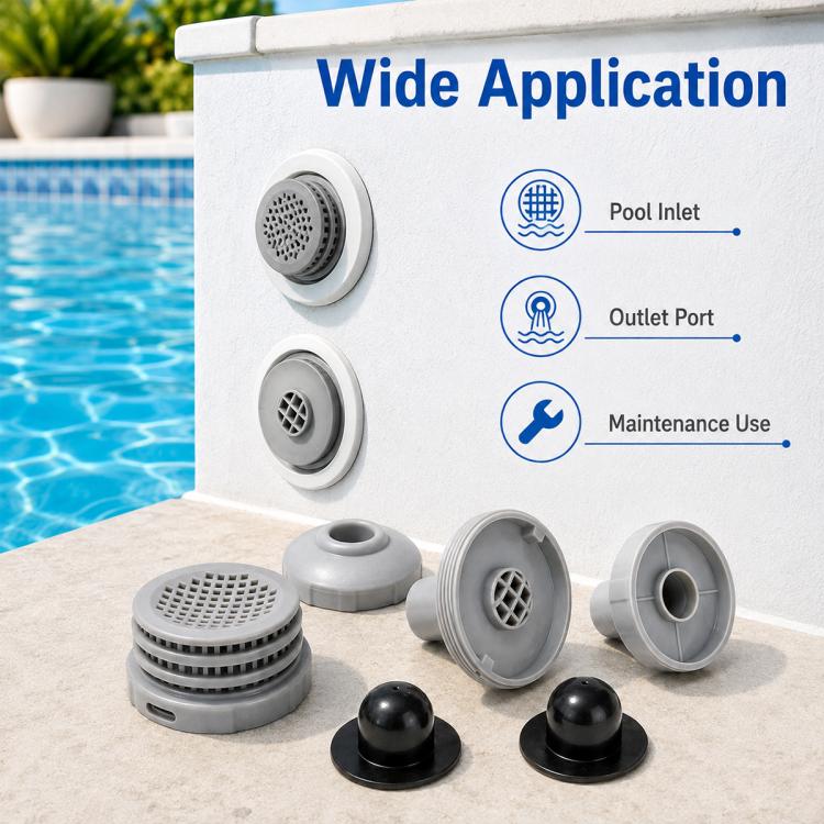 Pool inlet and outlet hole plugs with gray vented covers and black sealing caps