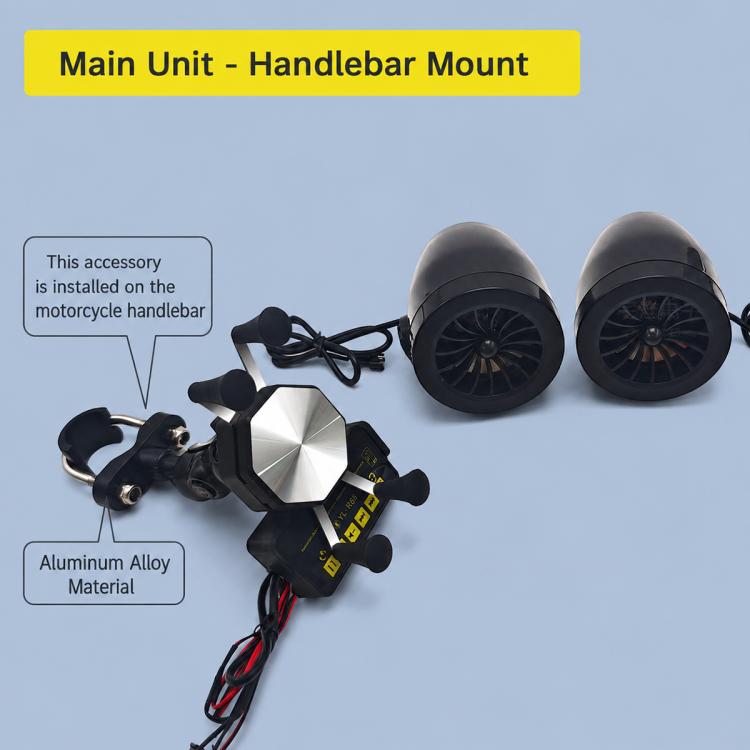 Motorcycle Bluetooth speaker set with handlebar mount bracket and dual round speaker pods