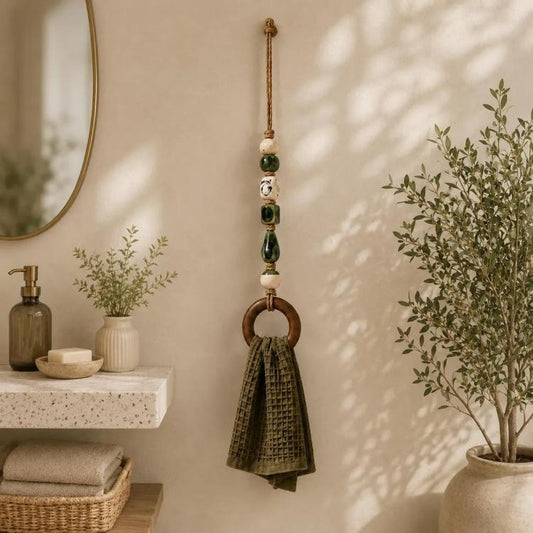 Beaded towel holder with blue-and-green beads, wooden ring, and dark green towel.