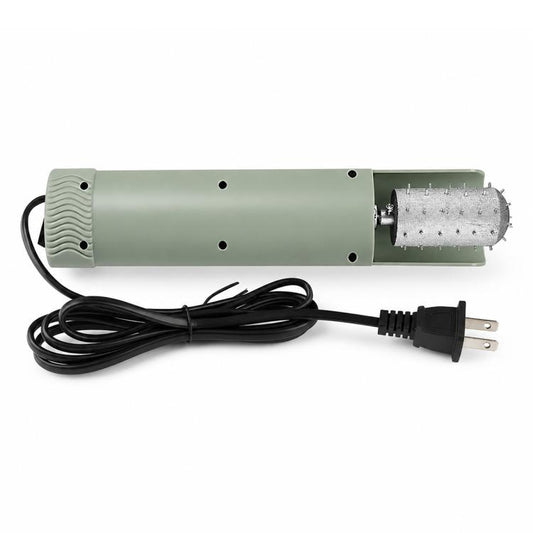 Green handheld electric coconut scraper with serrated drum and power cord
