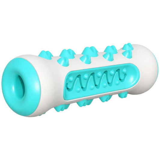 Blue and gray dog chew teething stick with serrated inner groove and spiky nubs