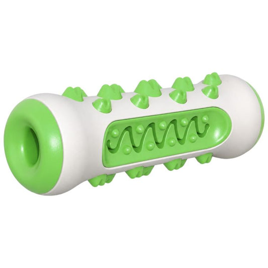 Green and gray dog chew teething stick with ridged inner groove and spiky nubs