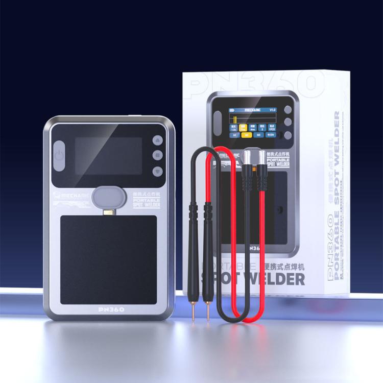 Portable spot welder with dual cable leads, shown with box and device front view