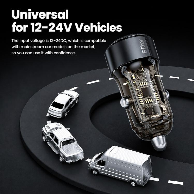 Compact black car USB-A/USB-C dual-port charger for 12–24V vehicles