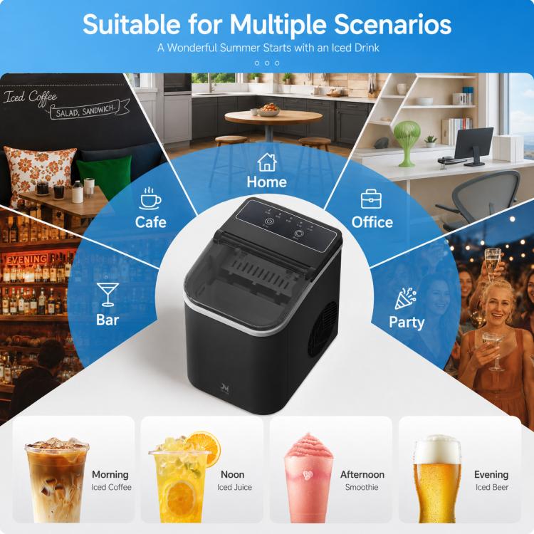 Portable bullet ice maker with closed lid, black compact countertop unit