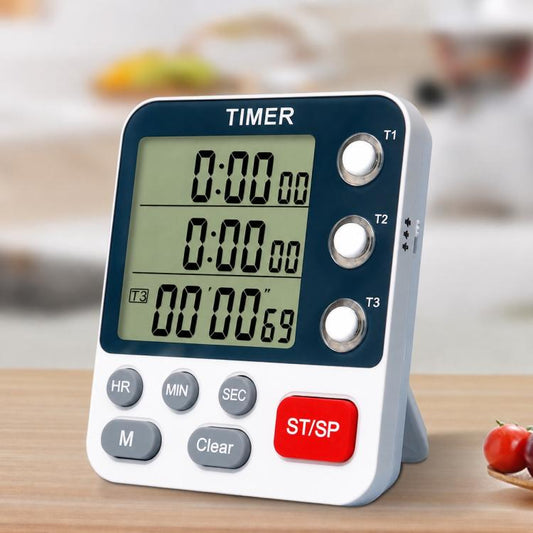 Three-channel countdown kitchen timer with blue casing, three LCD displays, and buttons