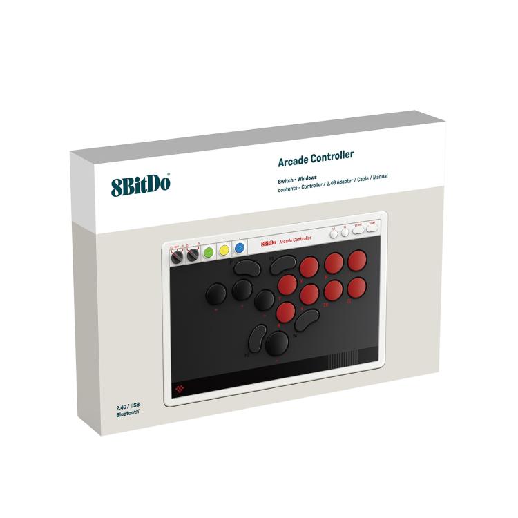 8BitDo retro arcade controller box with black and red button panel