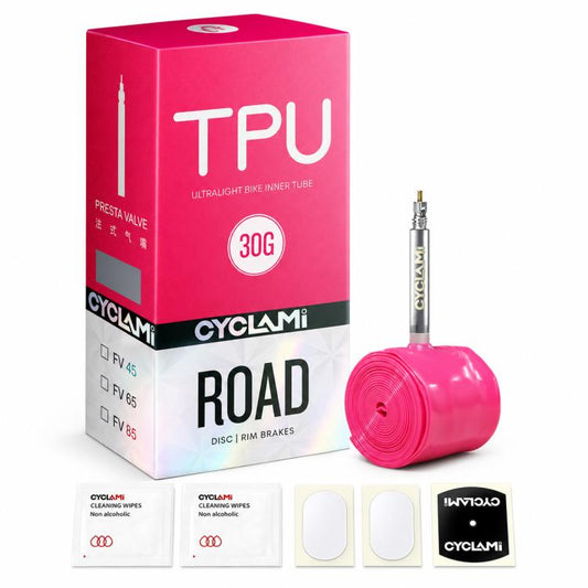 TPU road bicycle inner tube, 30g, pink with Presta valve and rolled tube.