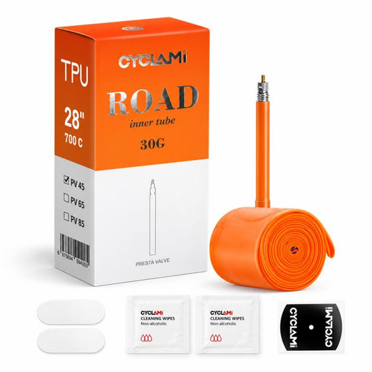 Orange TPU bicycle inner tube with Presta valve, rolled tube and repair wipes
