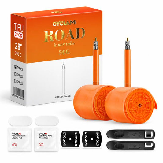 Orange TPU bicycle inner tube set with rolled tube and Presta valve, in box