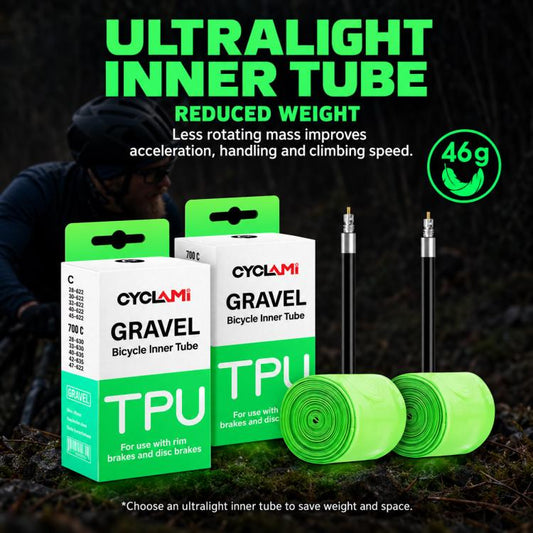 CYCLAMi ultralight TPU gravel inner tube packaging with green rolled tube and valves