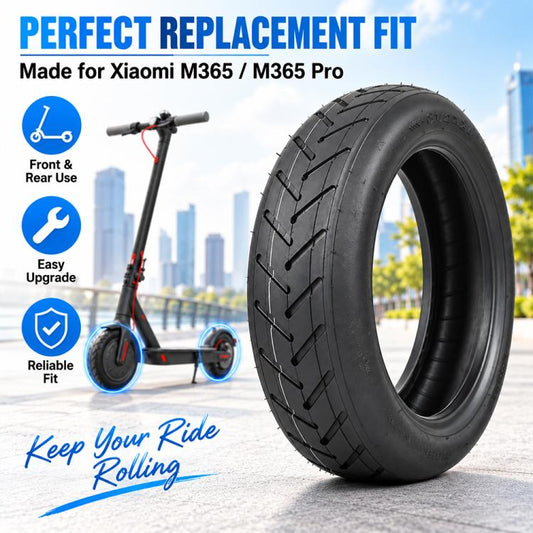 Black tubeless scooter tire for 8.5-inch wheels, detailed tread pattern
