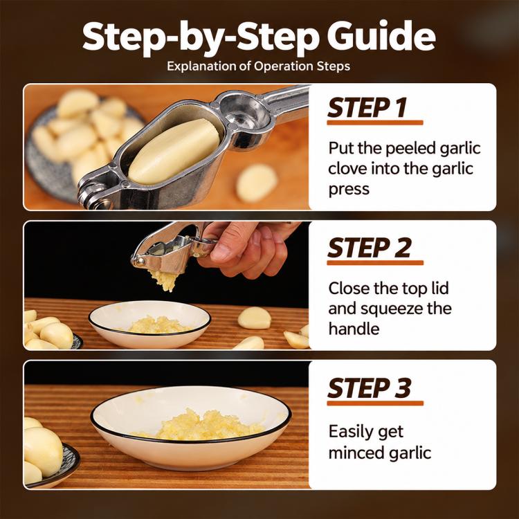 Garlic press operation steps shown: insert clove, squeeze handle, collect minced garlic