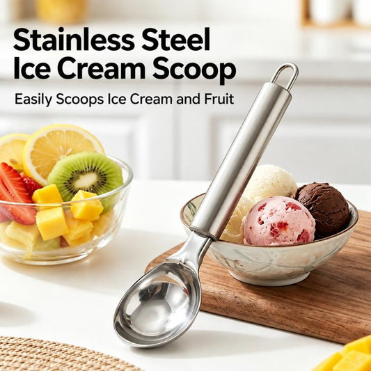 Stainless steel ice cream scoop with long handle and loop, ready to scoop ice cream