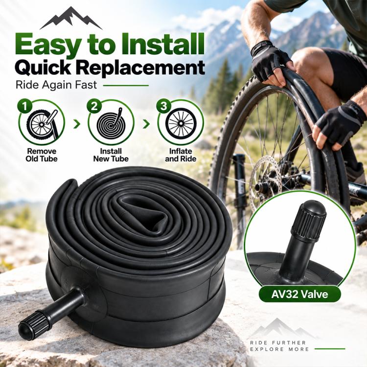 Rolled black bicycle inner tube with AV32 valve stem, for quick replacement