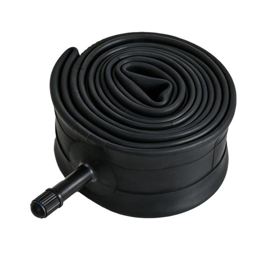 Black coiled bicycle inner tube with American valve stem, AV32.