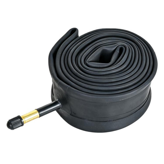Black 26-inch mountain bike inner tube with American valve stem, rolled