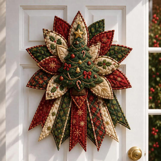 Quilted Christmas door hanging in red, green, and cream with Christmas tree design
