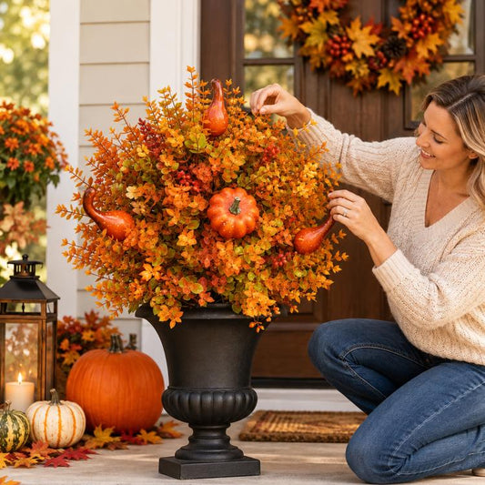 Artificial fall pumpkin tree stake with dense orange, yellow, and green foliage and pumpkins