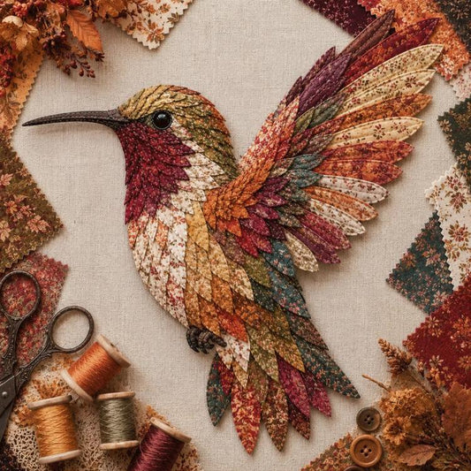 3D patchwork hummingbird applique, autumn red orange and brown layered wings