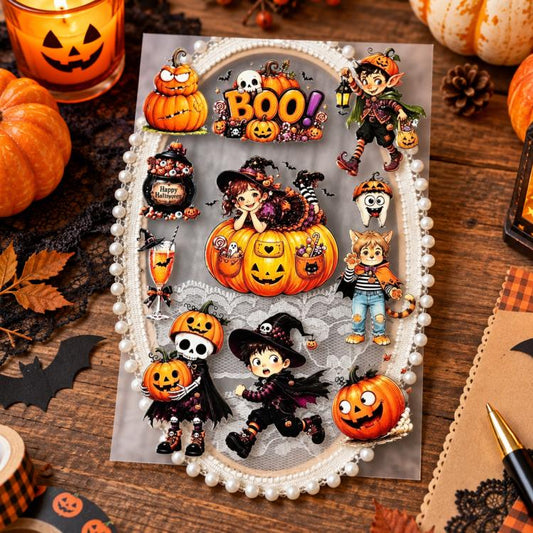 Halloween sticker sheet with cute ghosts, jack-o'-lantern pumpkins, and pearl border