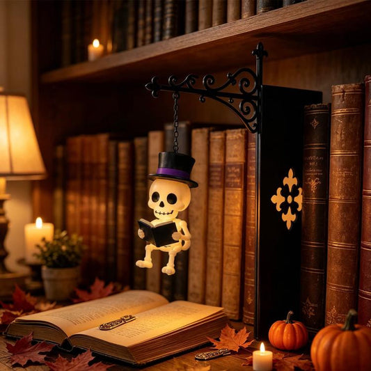 Hanging skull reading night light with purple top hat and black wrought-iron hook