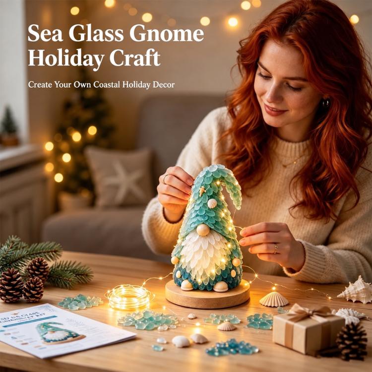LED sea glass gnome holiday craft kit on tabletop with seashells and glass pieces