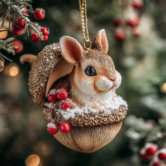 Rabbit Christmas ornament with textured wreath, red berries, and gold hanging loop