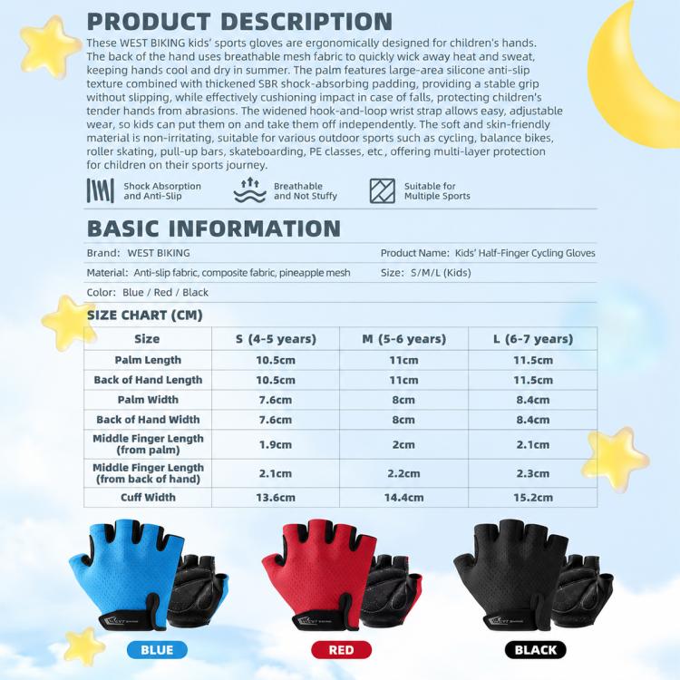 Kids half-finger bicycle gloves shown in blue, red, and black color options