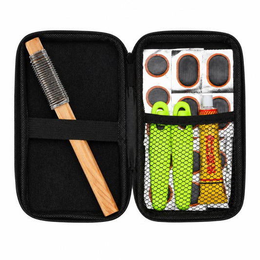 Bike tire repair kit storage pouch with tire levers, wood rasp, and patch supplies