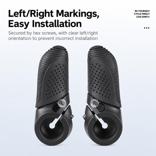Left and right black thumb rest grips with perforated pads and ring mount