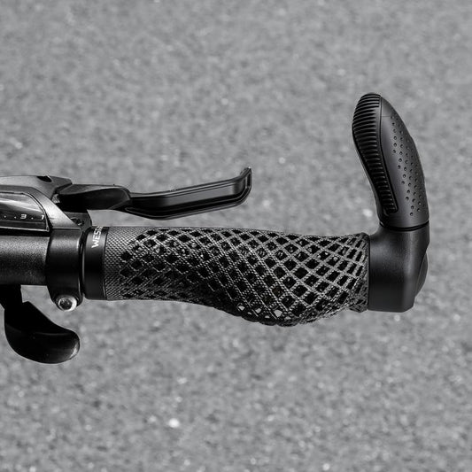 Black ergonomic bicycle rest bar thumb grip end, textured rubber handle