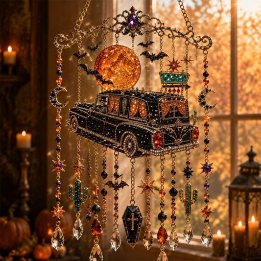 Halloween wind chime with vintage car design, crescent moons, and multicolor crystal dangles
