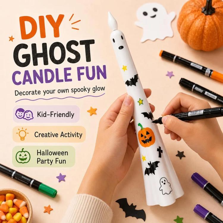 DIY ghost-shaped LED flameless candle being decorated with markers; white body, black face
