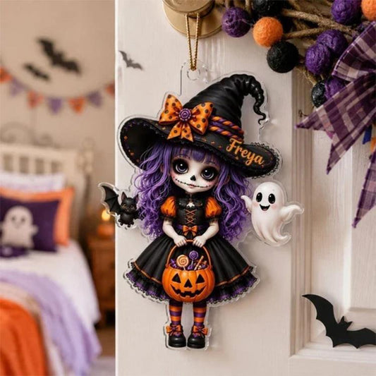 Halloween witch acrylic hanging ornament with black cat, jack-o-lantern, and ghost figure