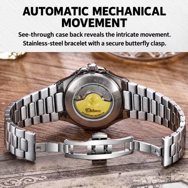 Dulunwe men's automatic mechanical watch caseback with see-through dial and silver bracelet