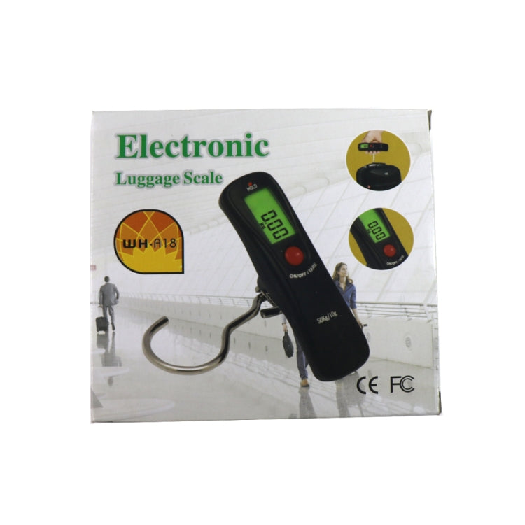 Electronic luggage scale retail box showing product photo and LCD display