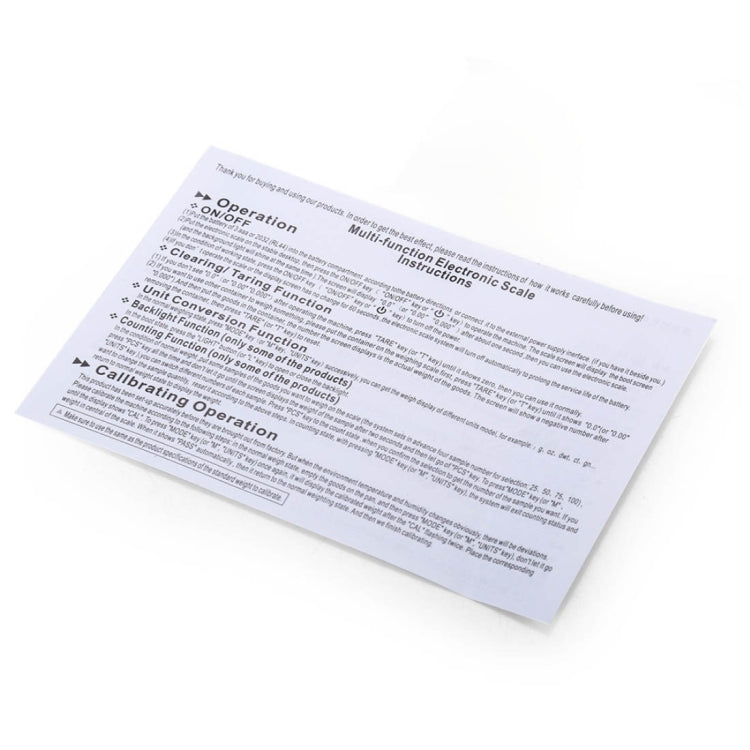Electronic scale instruction sheet with operation and unit conversion information