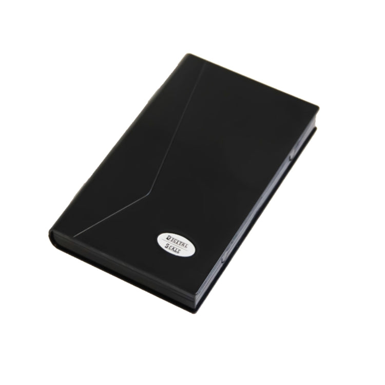 Notebook-style digital jewelry scale, black closed case with oval logo
