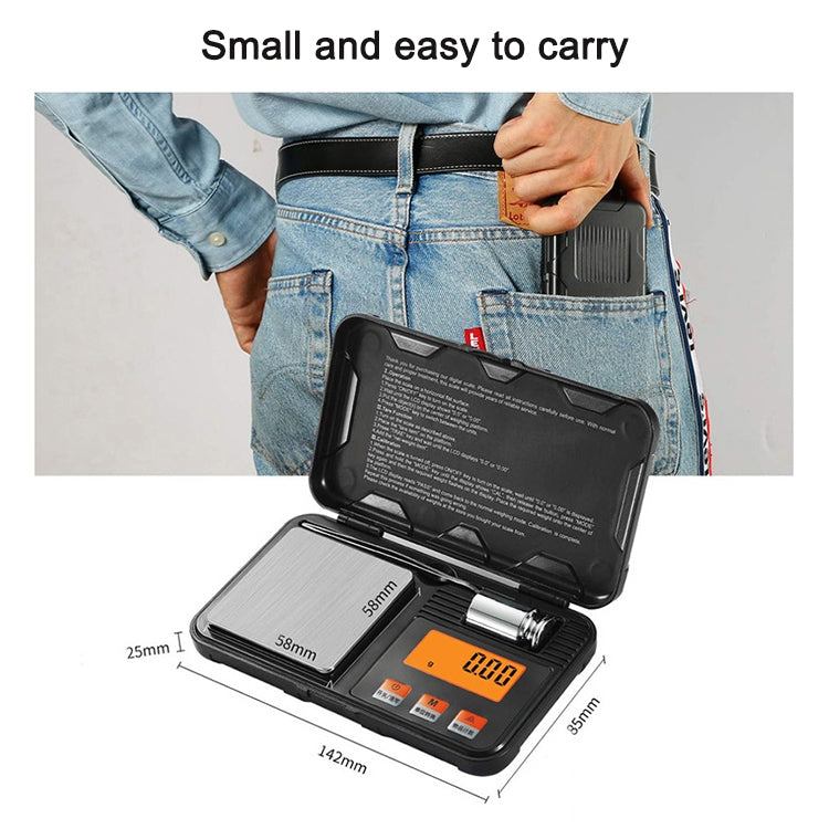 Small digital scale with orange LCD display, stainless pan, and fold-open clamshell case