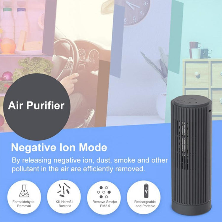 Air purifier in negative ion mode, dark gray cylinder with vented grille and control top.