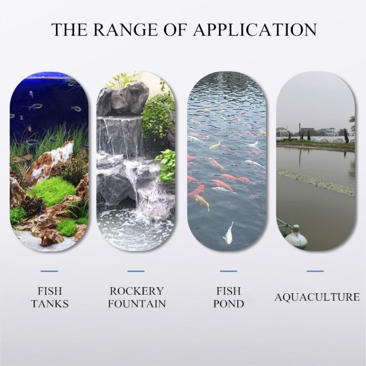 Usage infographic showing UV lamp for fish tanks, fountain, ponds, and aquaculture