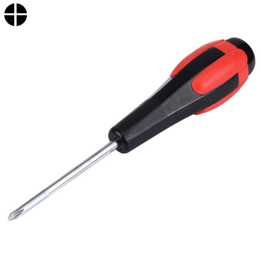 Cross screwdriver tool with red-and-black handle and metal shaft, pointed cross tip