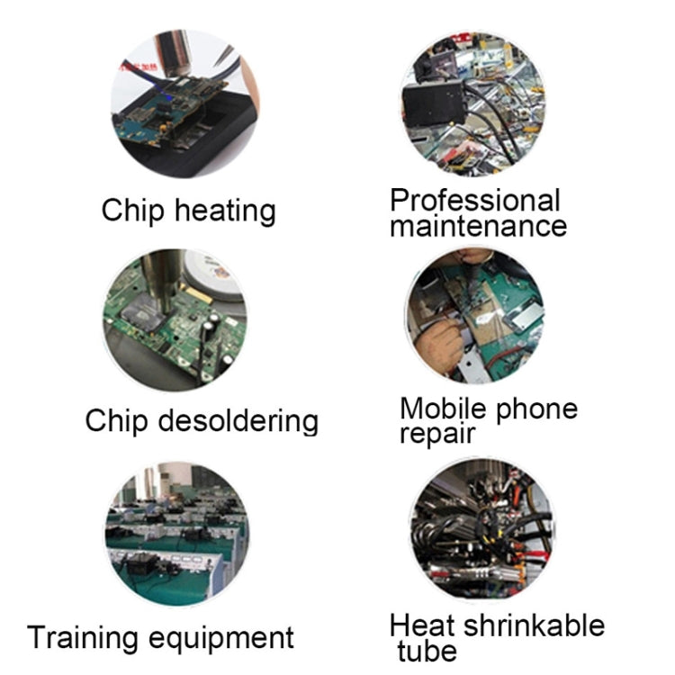 Hot air gun application icons: chip heating, desoldering, phone repair, heat shrink
