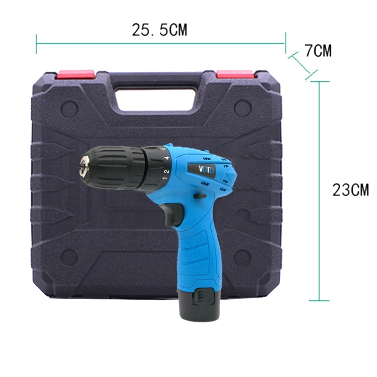VOTO 12V cordless hand drill with black plastic storage case and size diagram